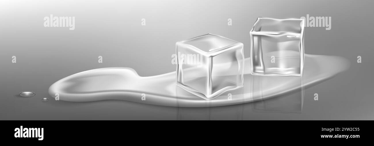 Glaçon fondant sur la surface réfléchissante d'une flaque d'eau. Blocs blancs congelés transparents pour refroidir des boissons à cocktail. Illustration vectorielle 3D réaliste de deux pièces glacées froides translucides et de blob fondu Illustration de Vecteur