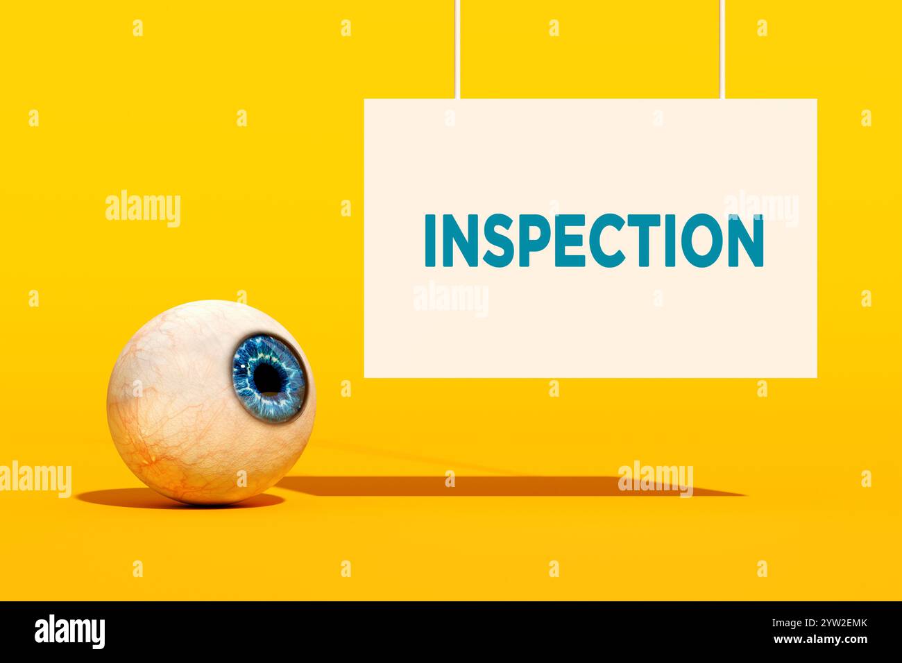 Concept d'inspection, d'évaluation de la qualité, d'évaluation et d'analyse. Globe oculaire humain réaliste à côté d'un panneau suspendu avec le mot inspection sur un b jaune Banque D'Images