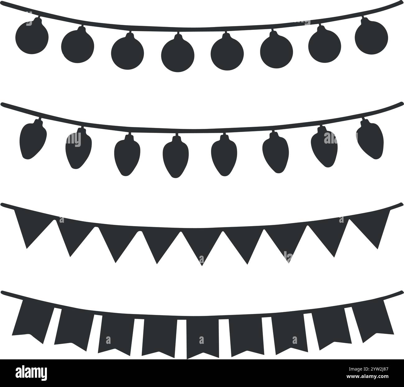 Ensemble de guirlandes de lumières de Noël et fanions sur une corde. Illustration graphique vectorielle. Drapeaux et ampoules suspendus. Collection de backrounds de vacances Illustration de Vecteur