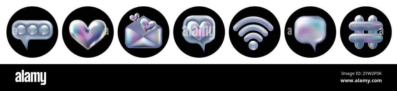 3d holographique rétro 90 icônes ensemble. Coeur chrome, bulle de parole, hashtag, enveloppe, signe Wi-Fi isolé sur noir. Future Galaxy esthétique, bulle chromée 3D optimisée Jeu d'autocollants métalliques brillants. Illustration de Vecteur