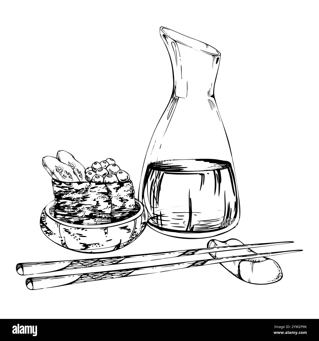 Nourriture japonaise traditionnelle, sushi gunkan avec caviar de saumon de poisson cru, tranches de concombre dans un bol en céramique, sauce soja, baguettes, dessiné à la main dans un stylo vectoriel Illustration de Vecteur