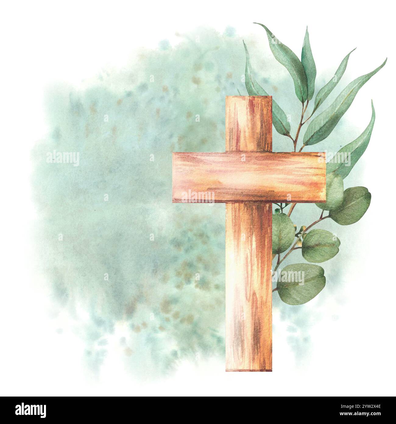 Croix de religion chrétienne avec des branches vertes de plante d'eucalyptus sur des éclaboussures d'aquarelle, arrière-plan flou tacheté. Illustration dessinée à la main. Religieux Banque D'Images Croix de religion chrétienne avec des branches vertes de plante d'eucalyptus sur des éclaboussures d'aquarelle, arrière-plan flou tacheté. Illustration dessinée à la main. Religieux Banque D'Images