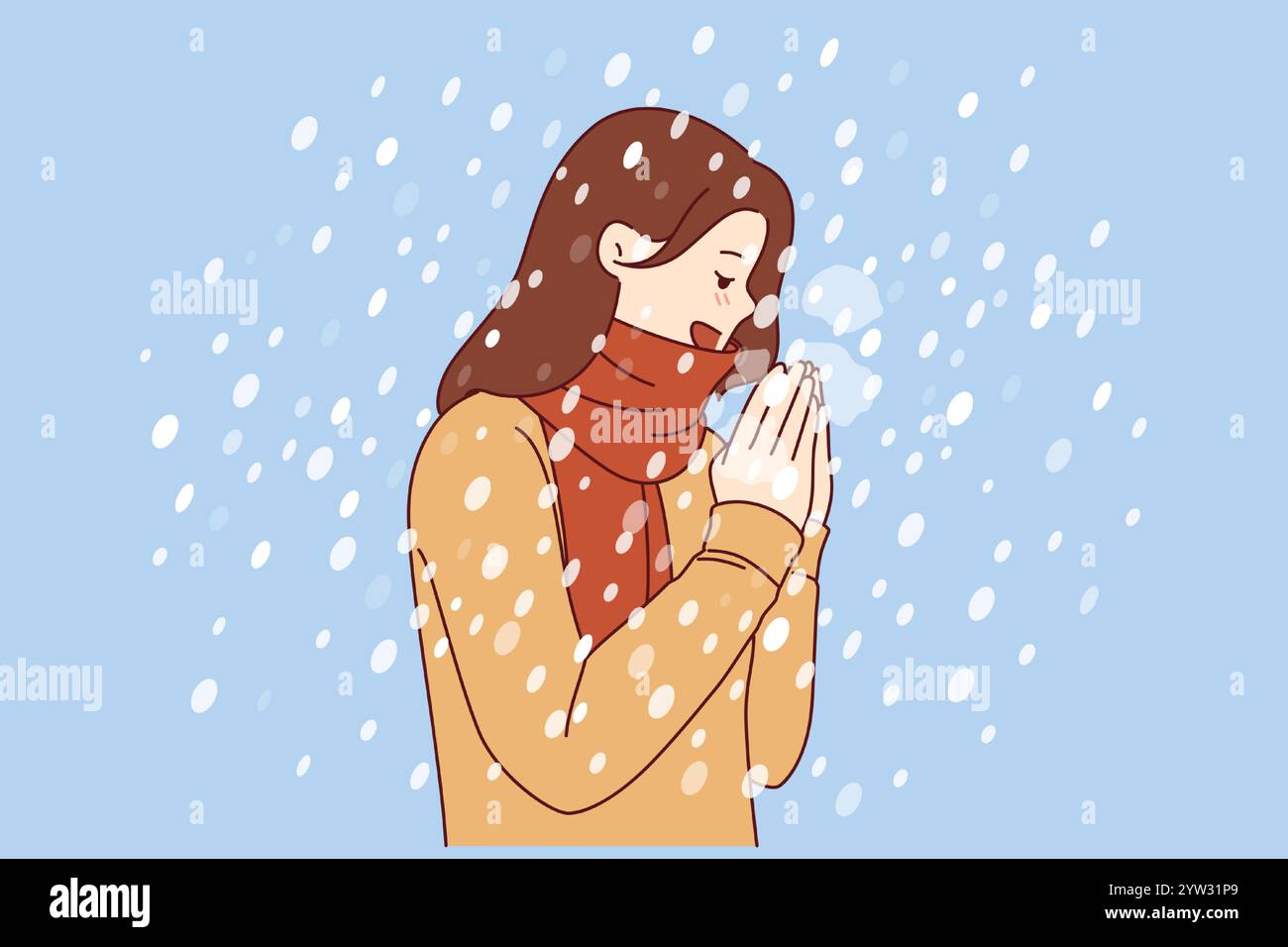 Femme aime le temps d'hiver, se tient sous les flocons de neige tombant dans le pull et l'écharpe. Positive Girl se réjouit au début de l'hiver et à l'approche des vacances de noël, soufflant sur les mains pour se tenir au chaud Illustration de Vecteur