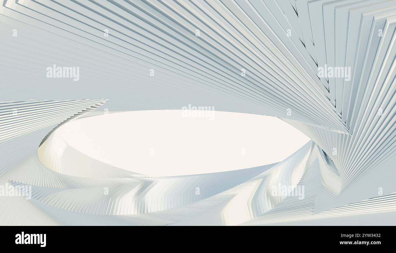 Architecture blanche abstraite avec des motifs géométriques et des lignes courbes formant un centre ovale. Banque D'Images