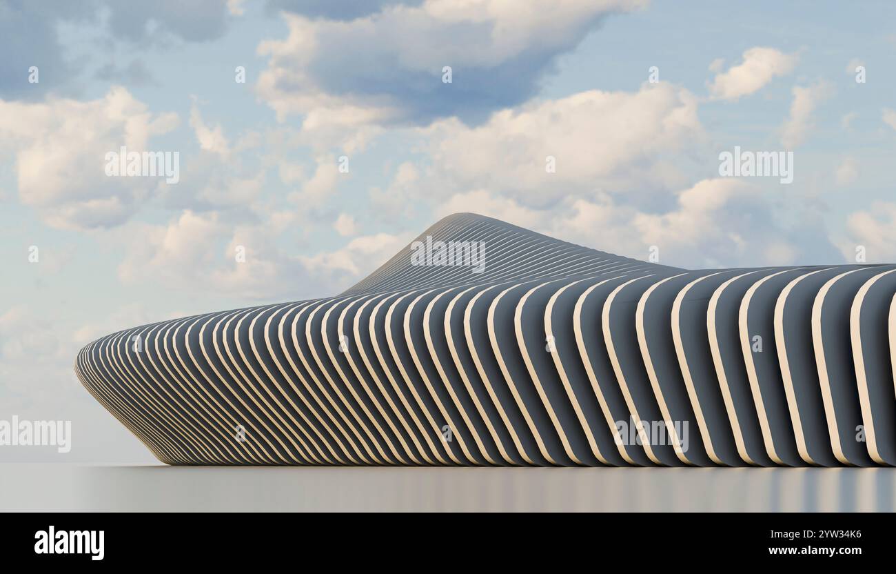 Une structure architecturale moderne avec des éléments courbes répétitifs sous un ciel nuageux. Banque D'Images