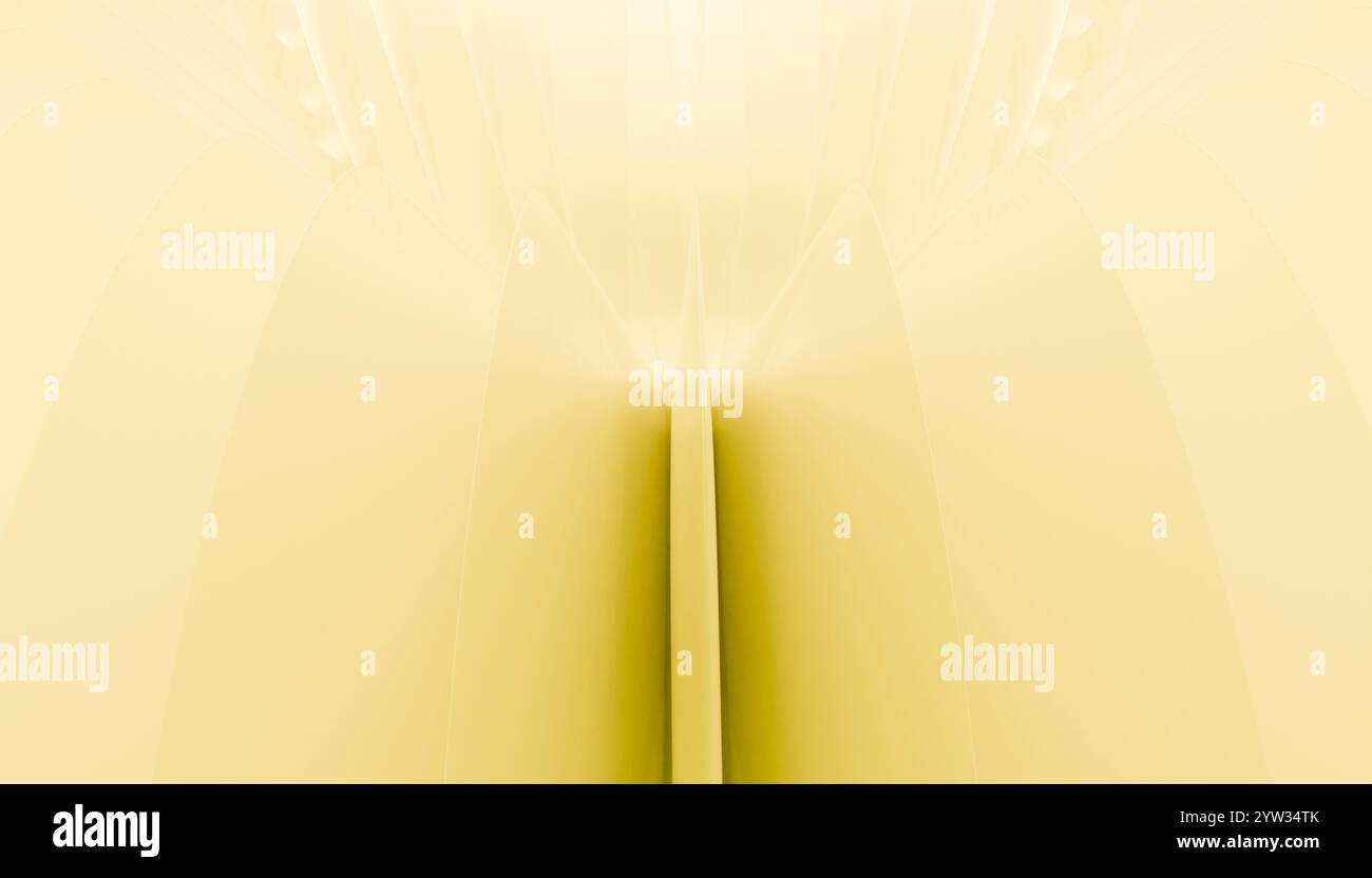 Faisceaux lumineux symétriques rayonnant à partir d'un point central dans un fond dégradé jaune doux. Banque D'Images