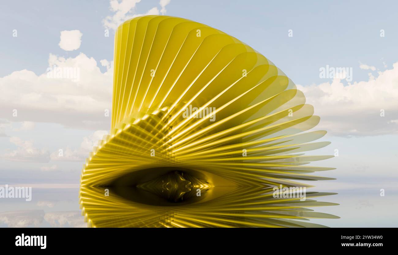 Une structure en spirale dorée avec un centre en forme de tunnel placé sur un fond de ciel nuageux. Banque D'Images