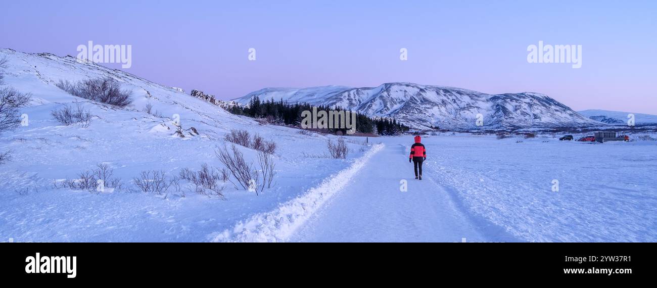 Personne marchant dans le paysage islandais enneigé Banque D'Images