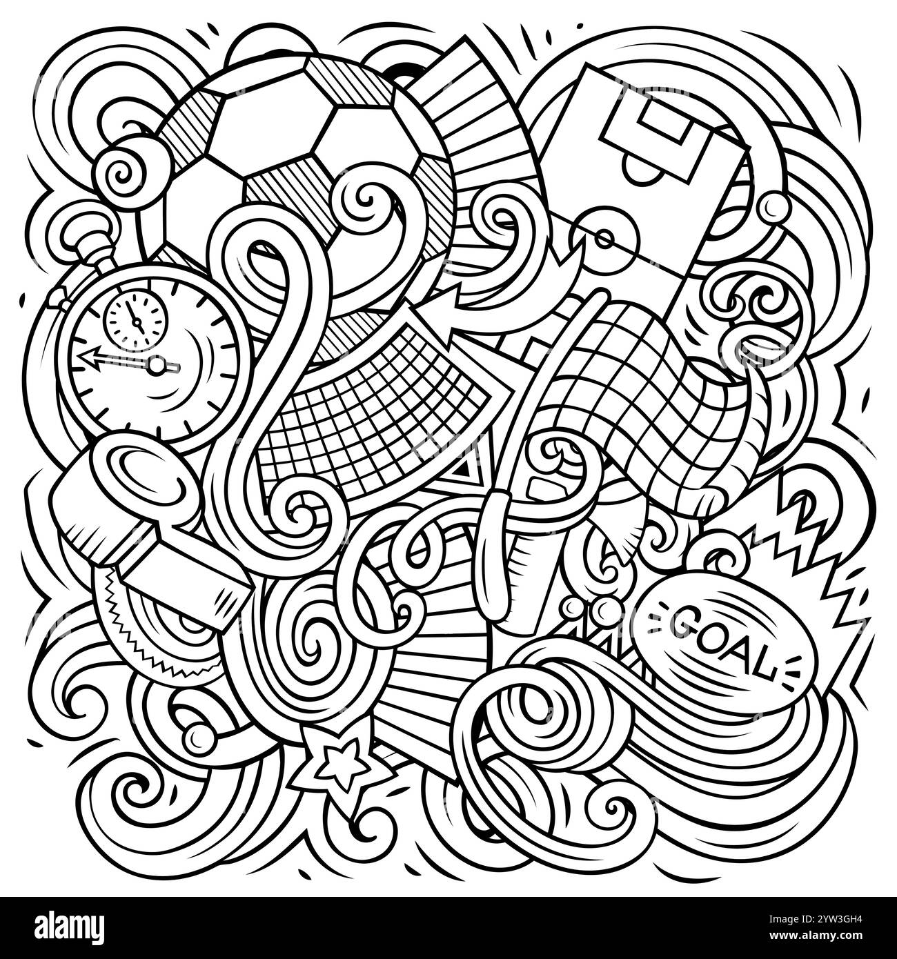 Dessin animé vectoriel de dessins de football illustration.Dessin au trait, détaillé, avec beaucoup d'arrière-plan d'objets.Tous les objets sont séparés.Football image drôle Illustration de Vecteur