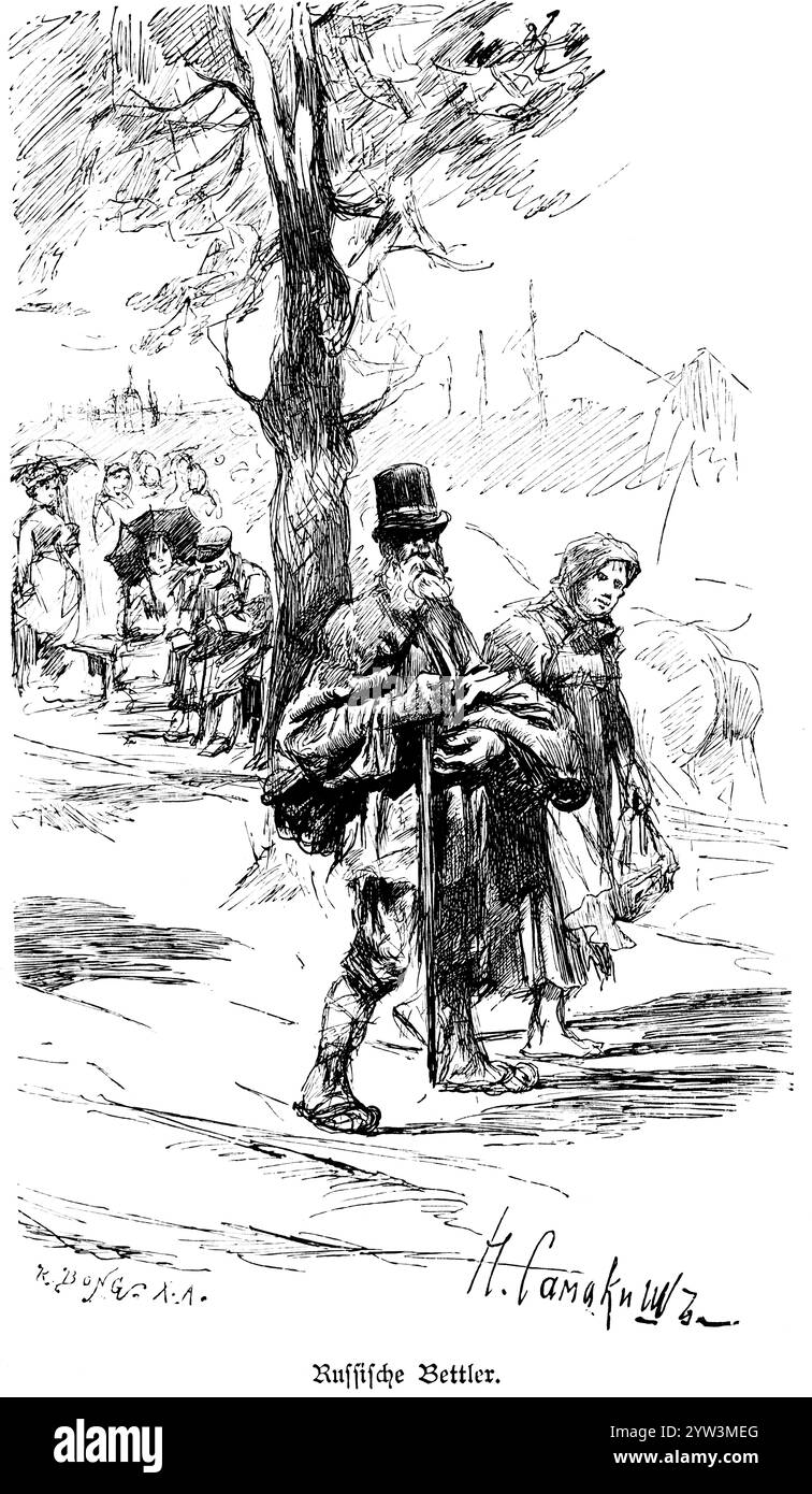 Scène de rue avec mendiants russes, personnes dans la pauvreté sans foyer, vieux couple, composé Petersburg, Russie, illustration historique vers 1890, Europe Banque D'Images