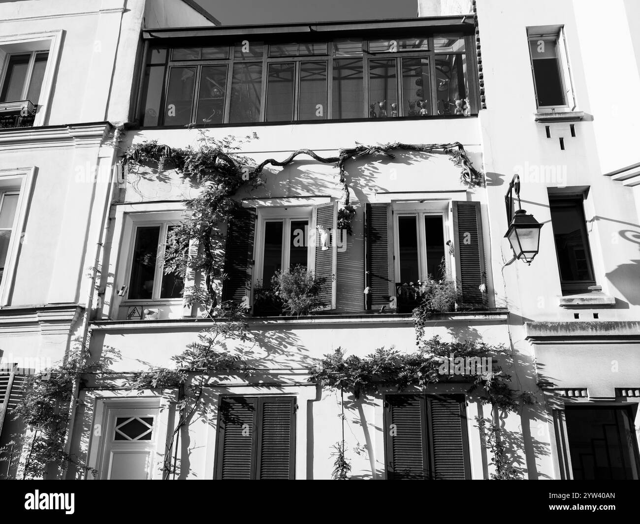 Maison Noire et Blanche avec volets, vignes et réverbère, 15 Rue Gabrielle, Montmartre, Paris, France, Europe, UE. Banque D'Images