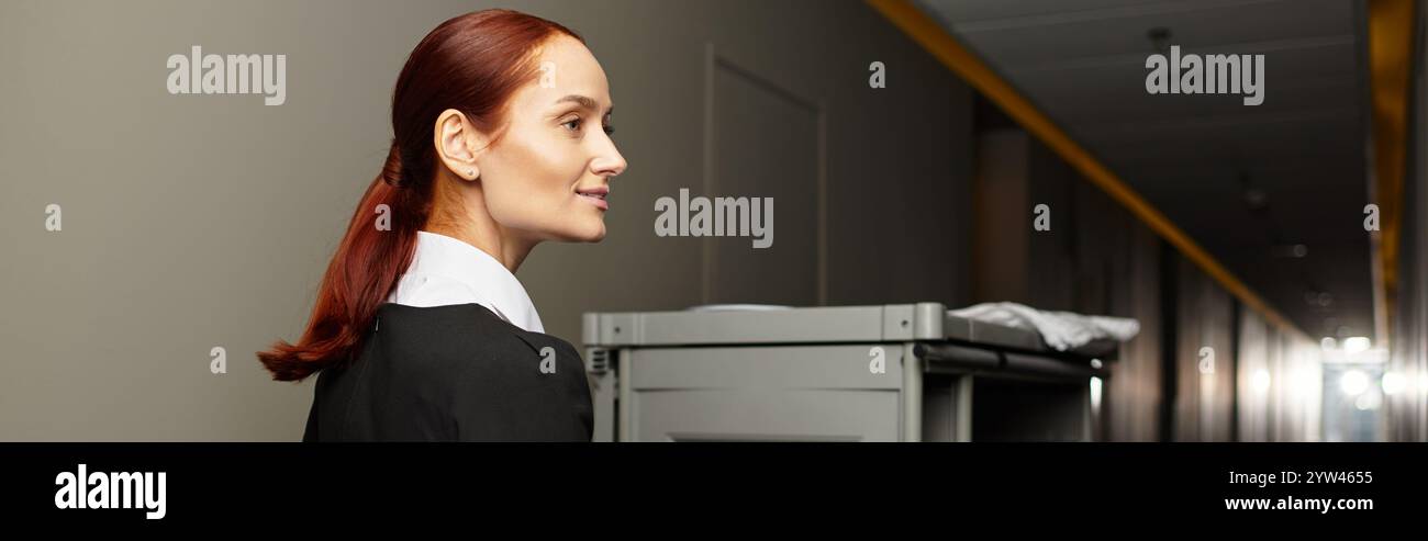 Belle jeune femme en uniforme marche en toute confiance dans un couloir d'hôtel. Banque D'Images