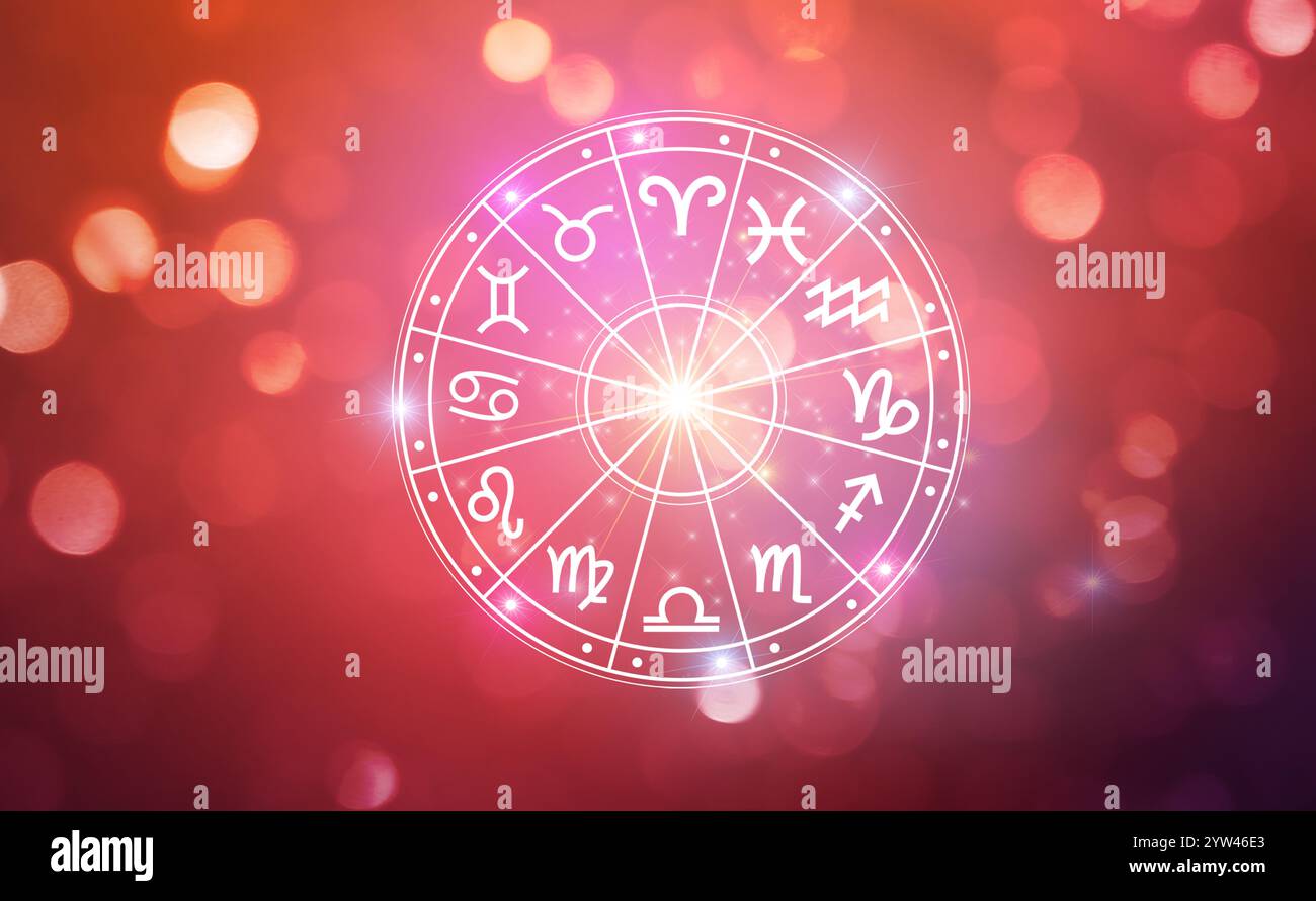 Les signes du zodiaque à l'intérieur du cercle de l'horoscope. L'astrologie dans le ciel avec beaucoup d'étoiles et de lunes et les horoscopes astrologie concept Banque D'Images