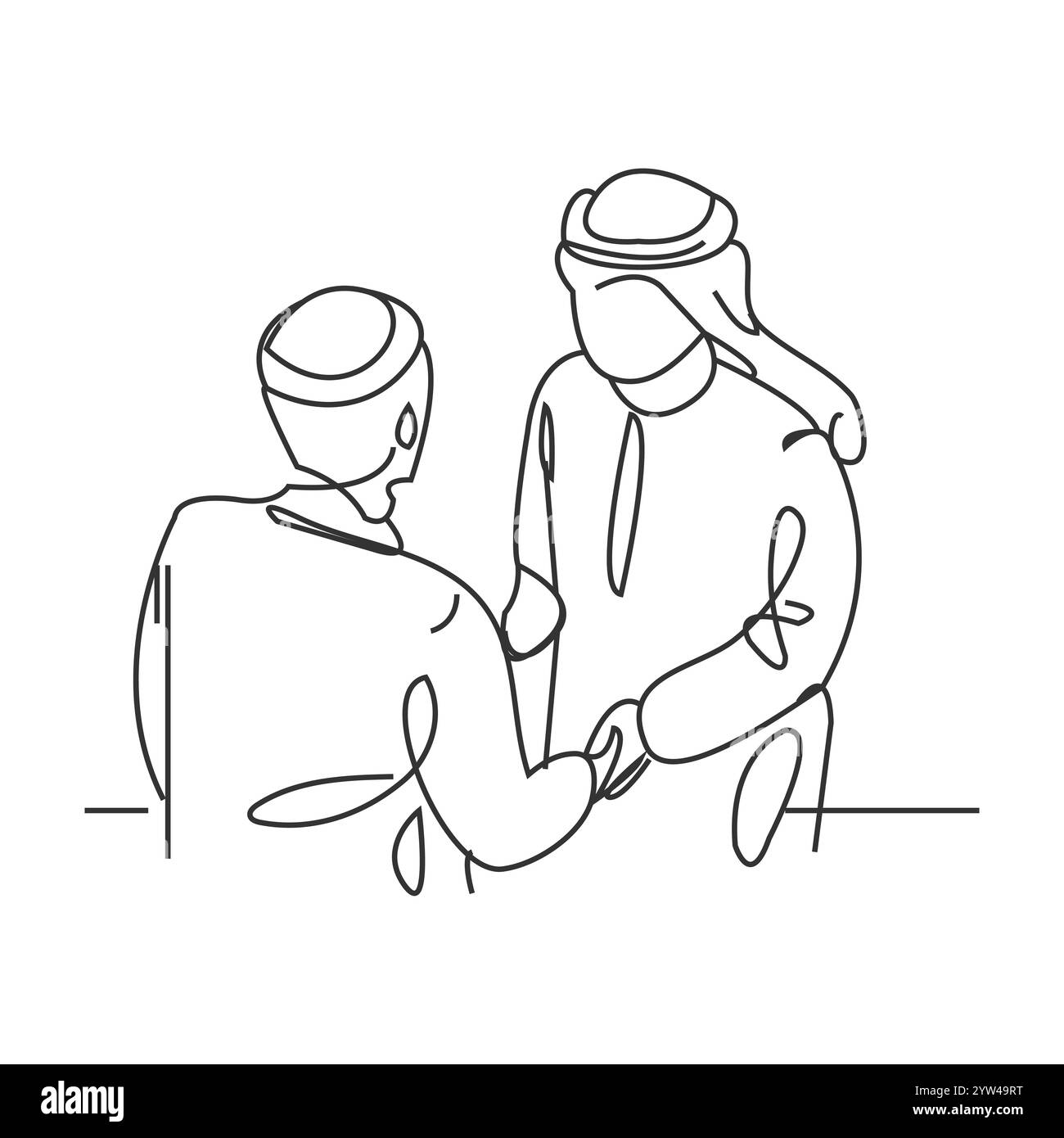 Poignée de main, accord. Dessin au trait. Continu une ligne dessinant des hommes heureux se serrant la main les uns avec les autres quand Eid Moubarak . Concept de l'Eid al-Fitr. Simple Illustration de Vecteur
