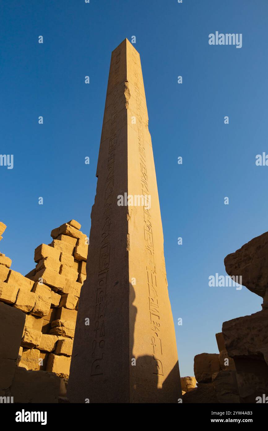 Lever de soleil tôt le matin sur l'obélisque de la reine Hatshepsout, ancien musée égyptien en plein air du temple de Karnak, El-Karnack, Louxor, Égypte Banque D'Images