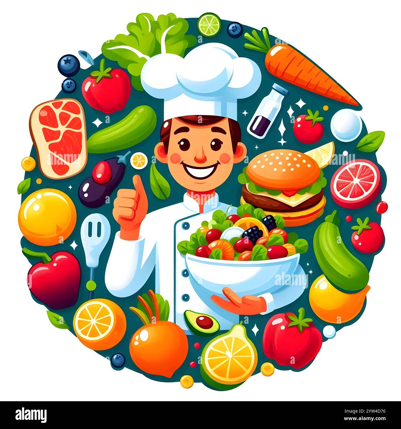 Illustration d'un chef entouré de divers produits alimentaires, tenant un bol de salade. L’illustration transmet une émotion positive. Banque D'Images