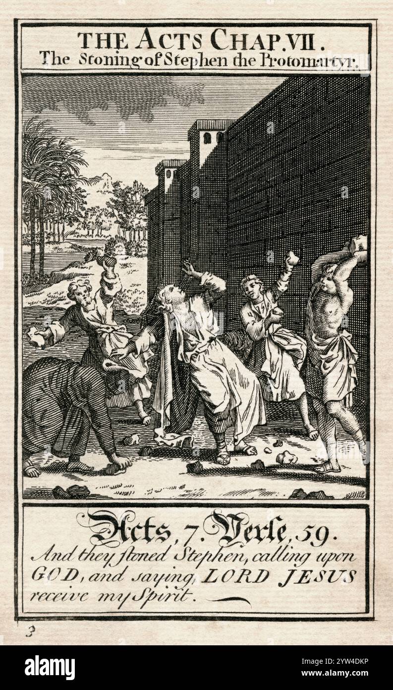 Les actes, chap VII. la lapidation d'Étienne le protomartyr. Tiré du Livre de la prière commune, publié vers 1730. Banque D'Images