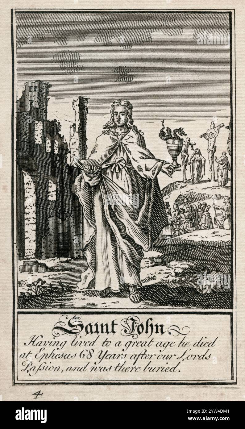 - John. L'illustration porte l'inscription : ayant vécu à un grand âge, il est mort à Éphèse 68 ans après la passion de notre Seigneur et y a été enterré. Tiré du Livre de la prière commune, publié vers 1730. Banque D'Images