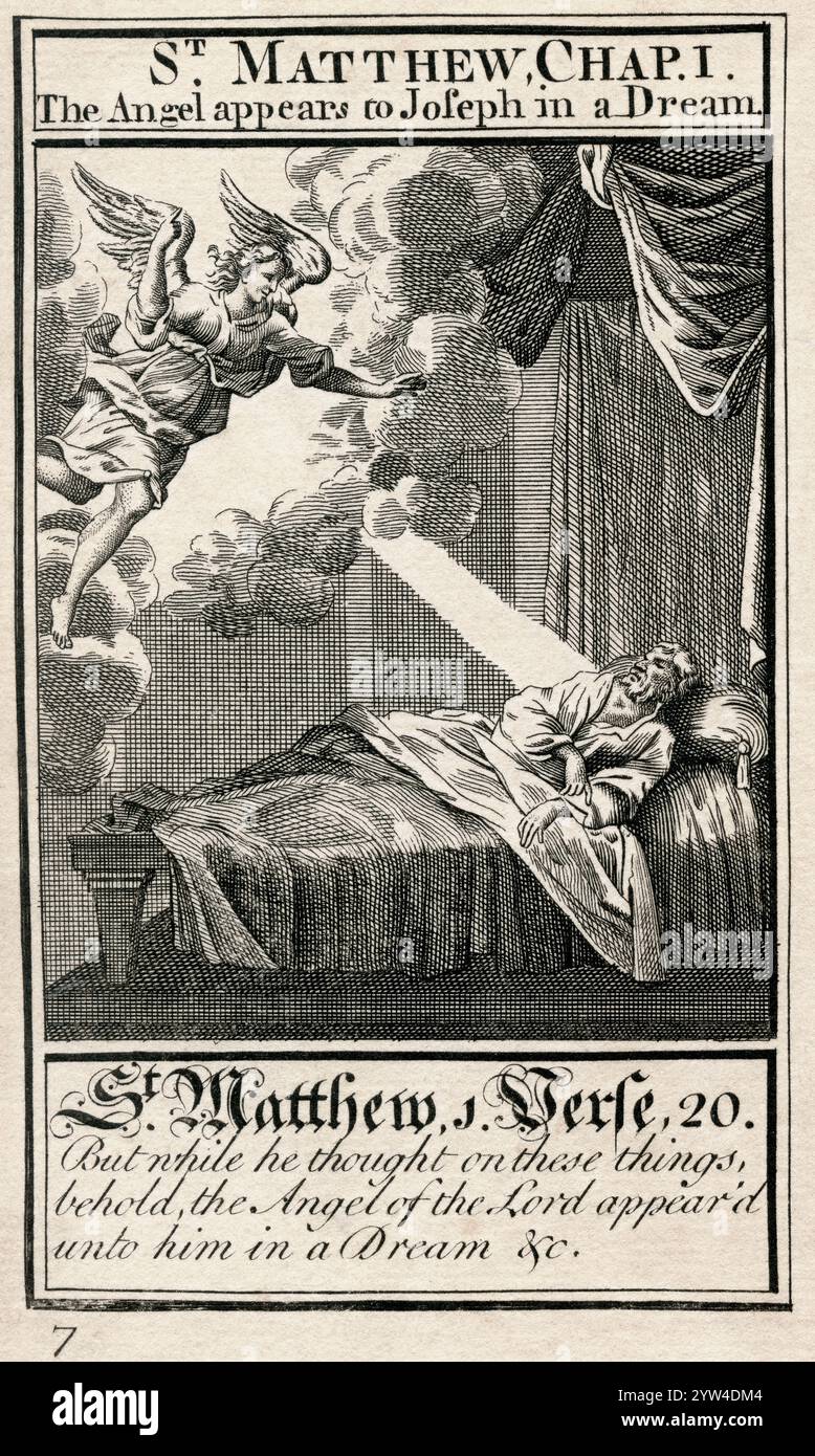 – Matthieu, chap I. L’ange apparut à Joseph dans un rêve. Tiré du Livre de la prière commune, publié vers 1730. Banque D'Images