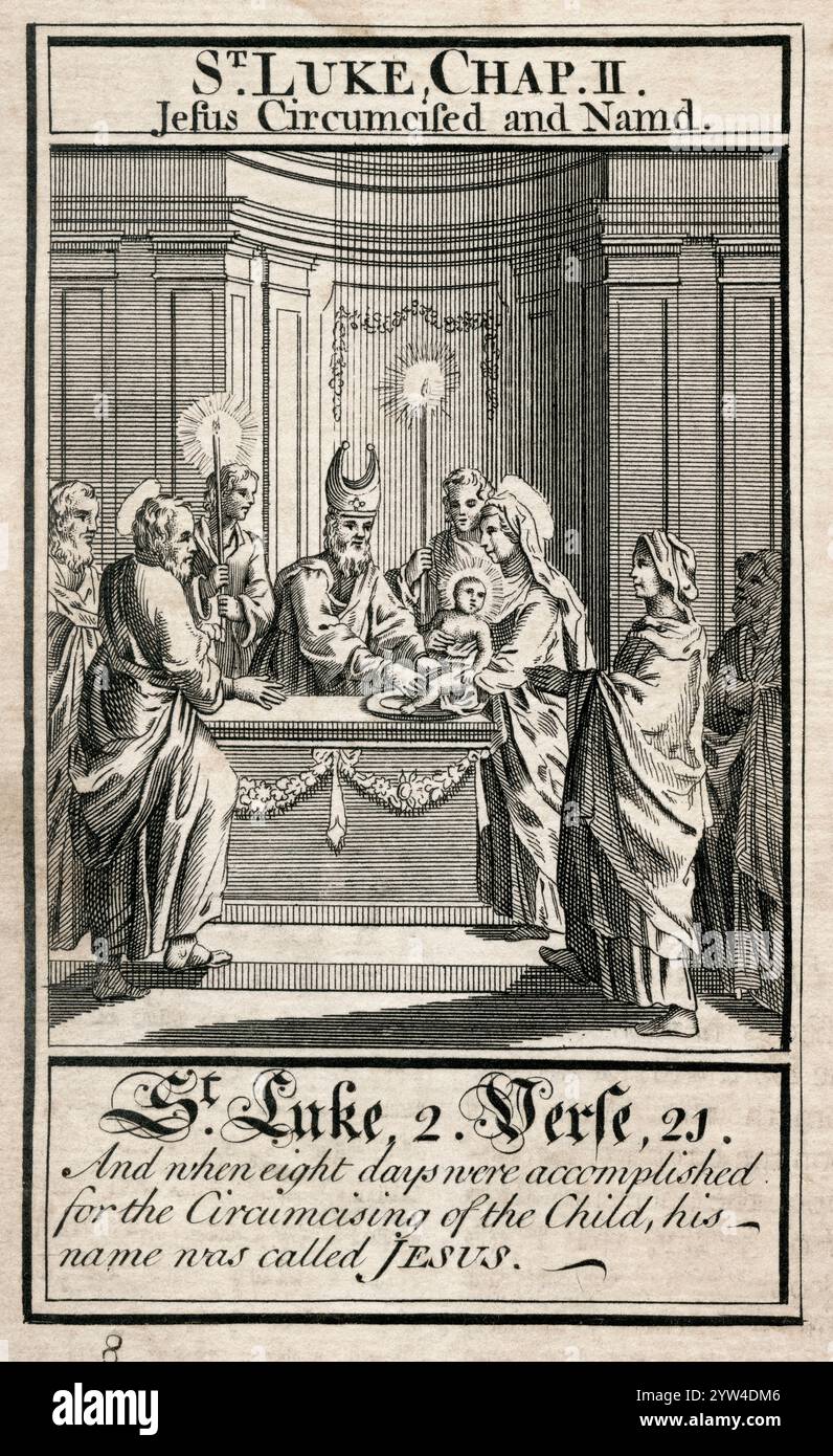 – Luc, chap II. Jésus circoncis et nommé. Tiré du Livre de la prière commune, publié vers 1730. Banque D'Images