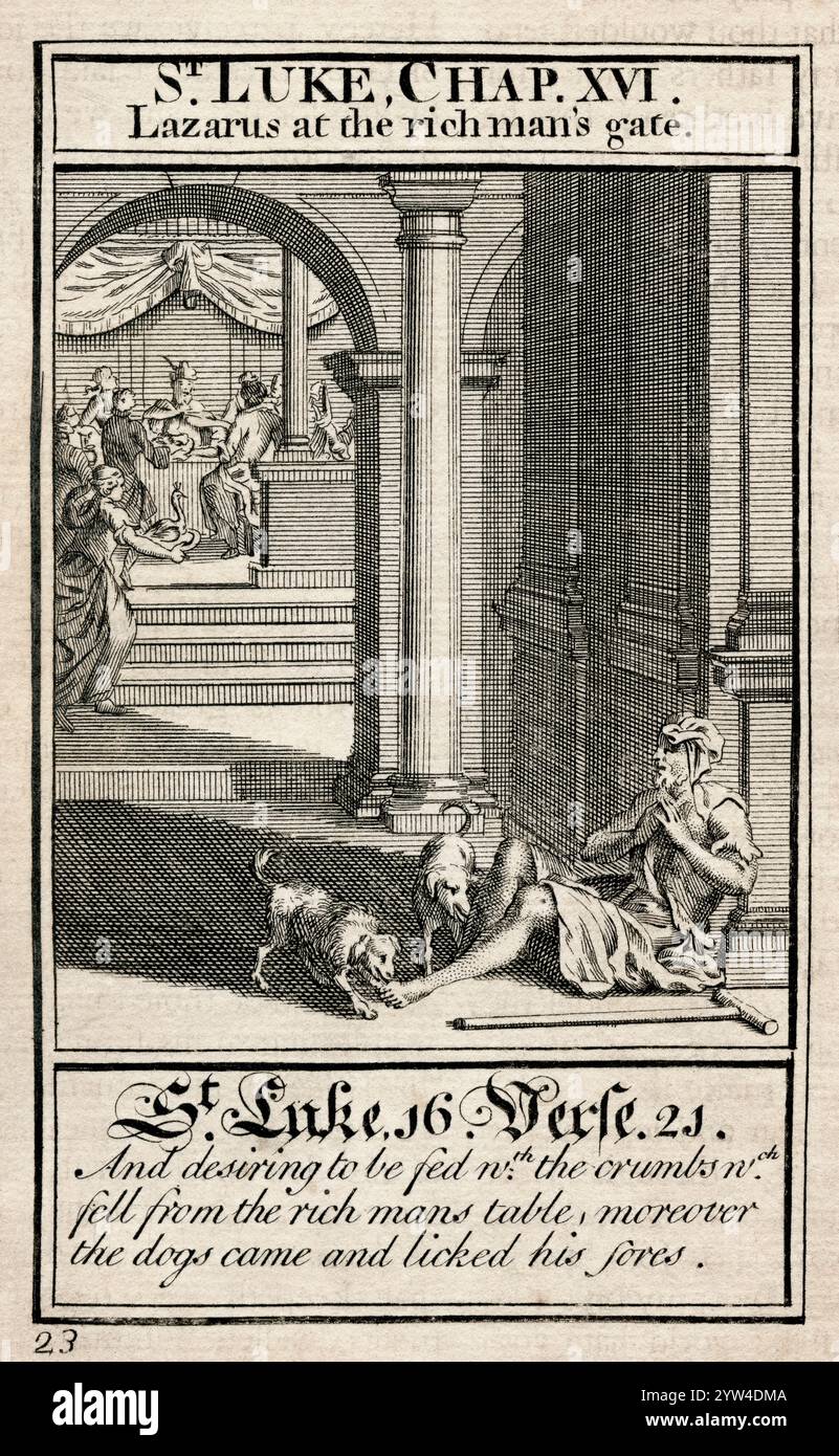 St.Luke. Chapitre XVI. Lazare à la porte du riche. Tiré du Livre de la prière commune, publié vers 1730. Banque D'Images