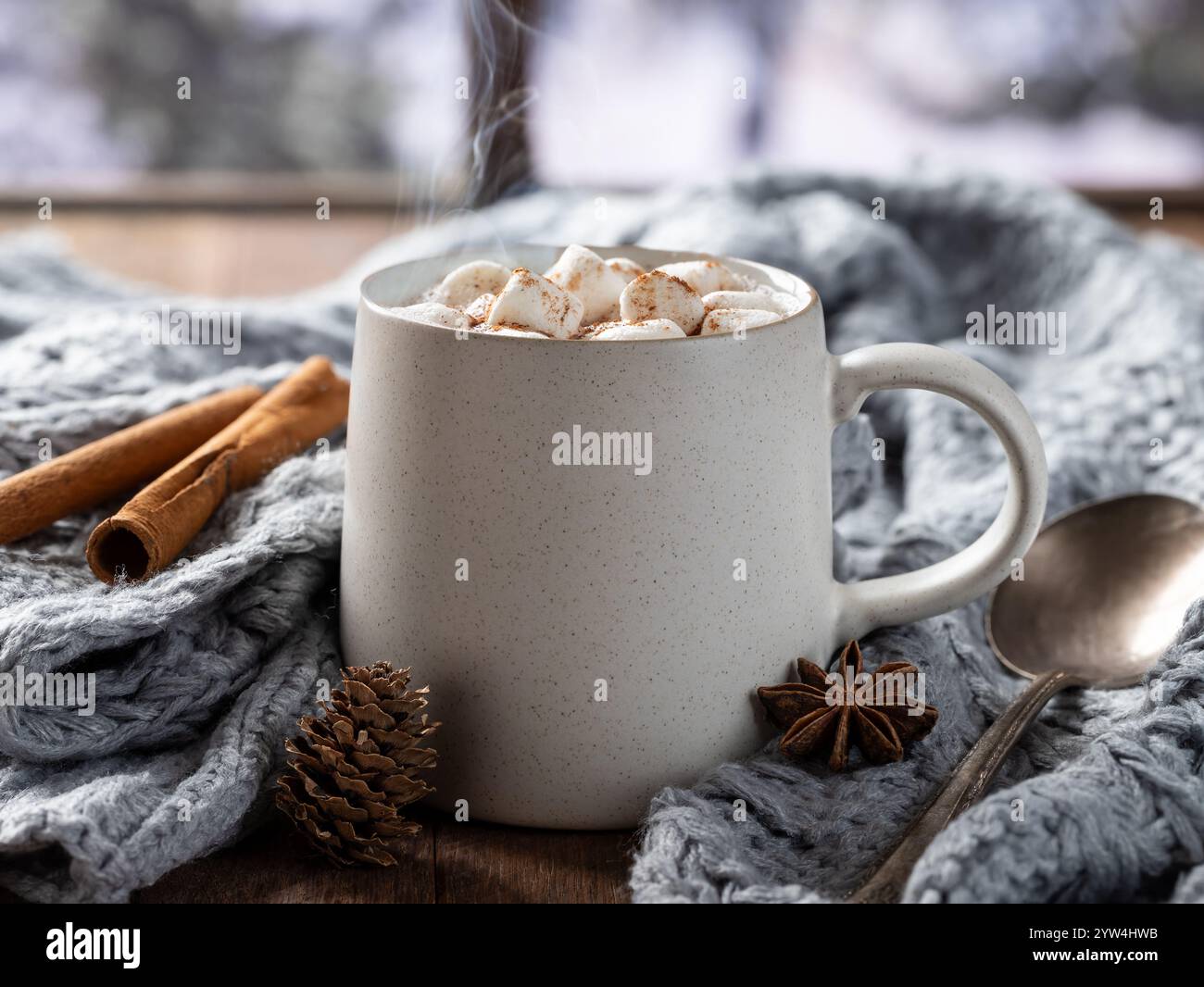 Tasse vapeur de chocolat chaud avec guimauves et cannelle enveloppée dans une couverture avec fond extérieur enneigé Banque D'Images