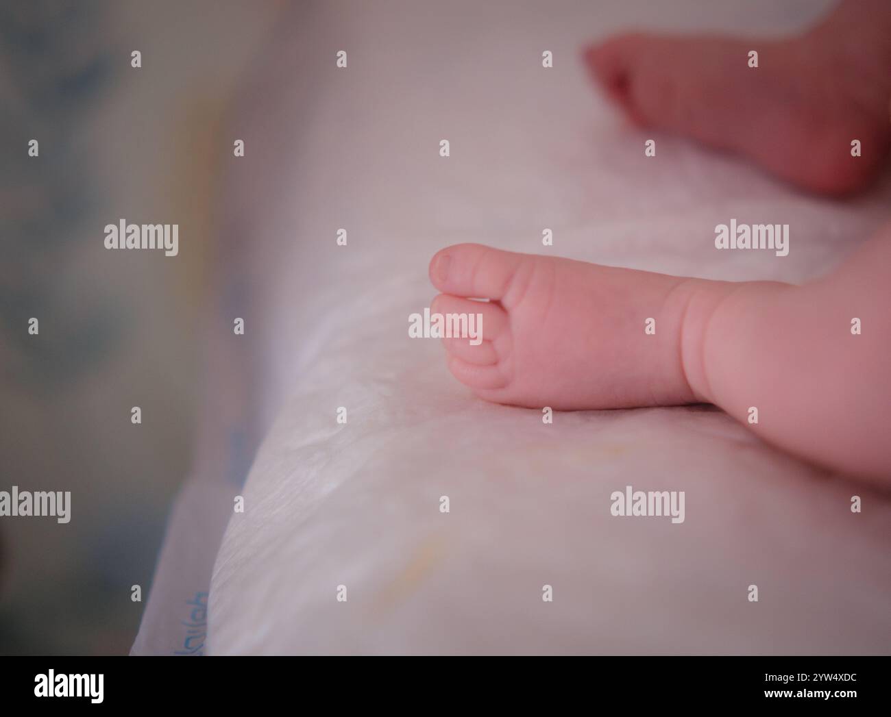 Nouveau-né à la maison. Gros plan des pieds de bébé. Nourrisson dormant au lit. Mignon petit pied de bébé garçon. Banque D'Images