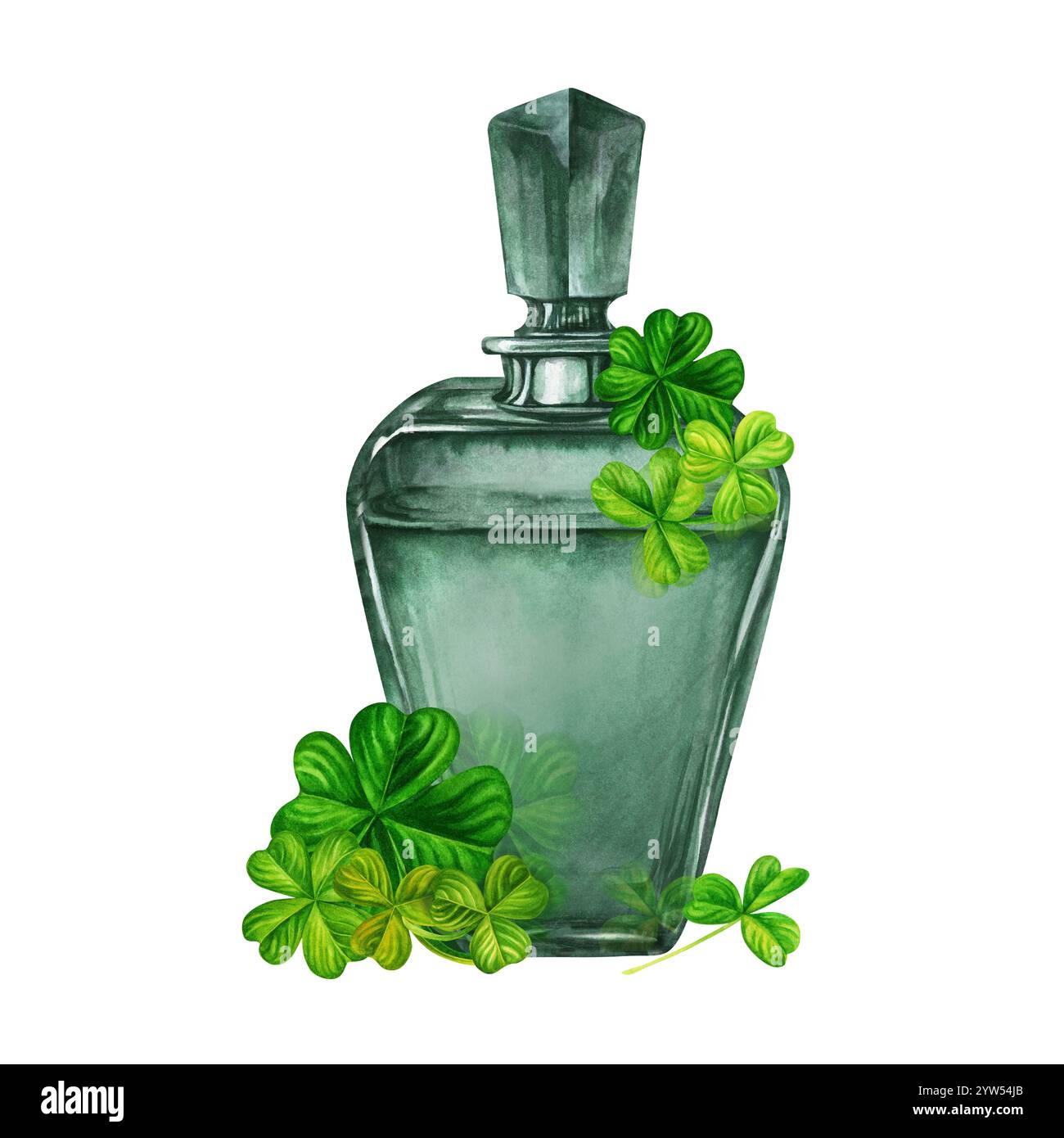 Bouteille en verre vert vintage avec trèfle à quatre feuilles. Modèle aquarelle pour la fête de Patrick. Éléments décoratifs pour la conception d'impression de vacances : invitations Banque D'Images