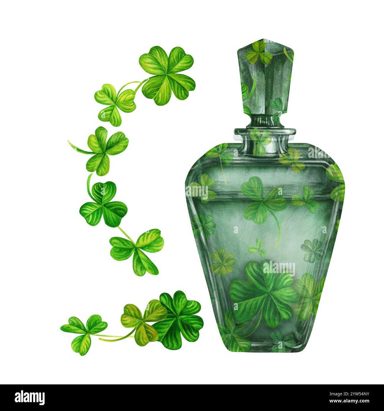 Bouteille en verre vert vintage avec trèfle à quatre feuilles. Modèle aquarelle pour la fête de Patrick. Éléments décoratifs pour la conception d'impression de vacances : invitations Banque D'Images