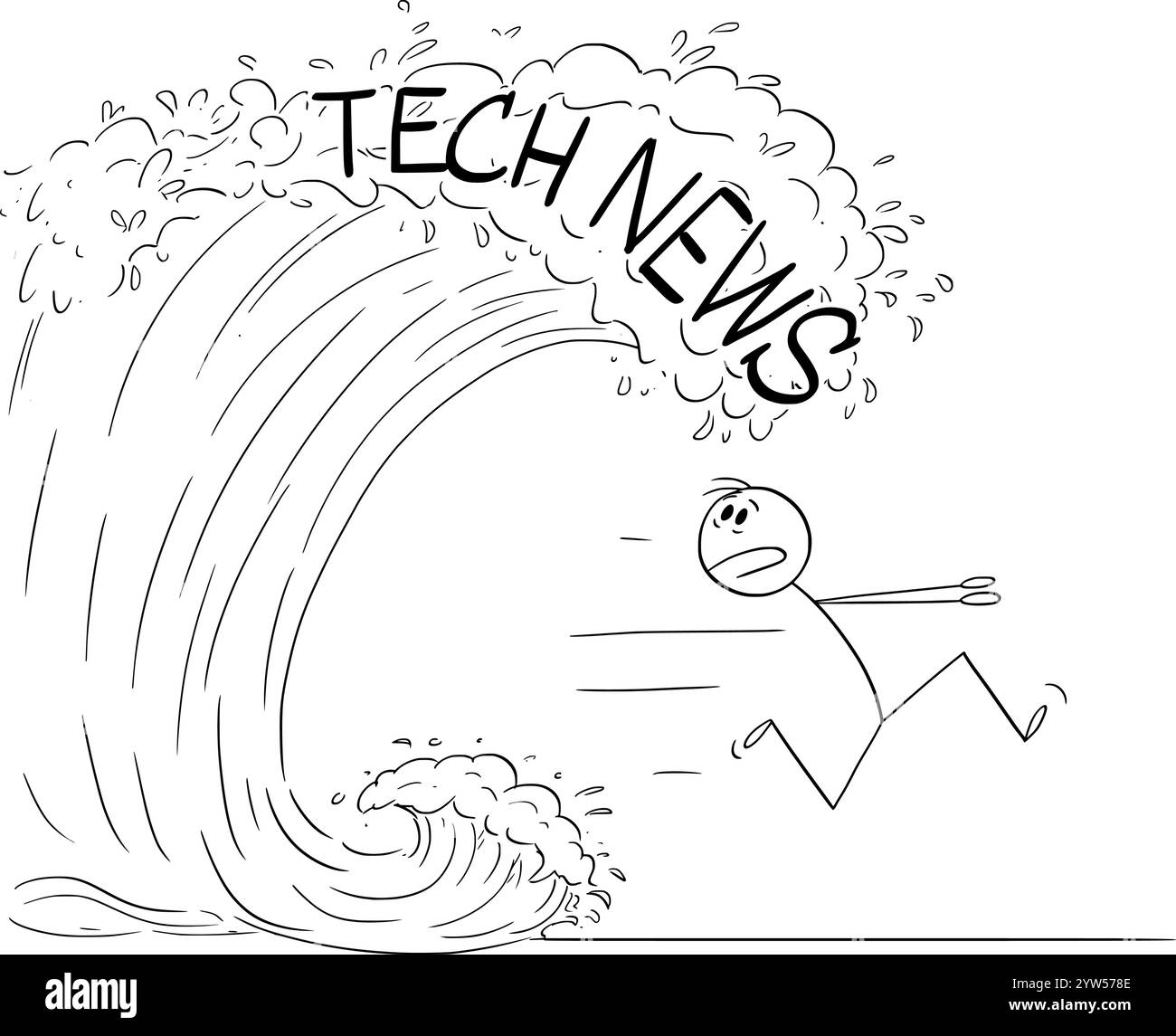 Personne fuyant la vague de la technologie ou des nouvelles techniques, figure de bâton de dessin animé vectoriel ou illustration de personnage. Illustration de Vecteur