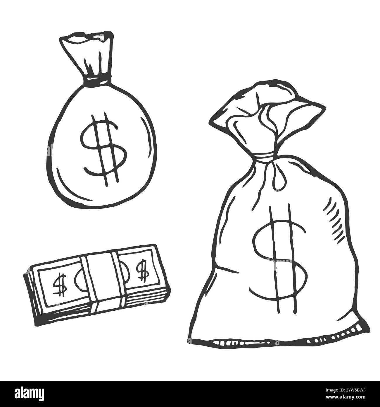 Ensemble vectoriel d'argent. coffre-fort, portefeuille, tirelire, sac de pièces de monnaie, cartes, vérifier. Dessin à la main style Doodle Illustration de Vecteur