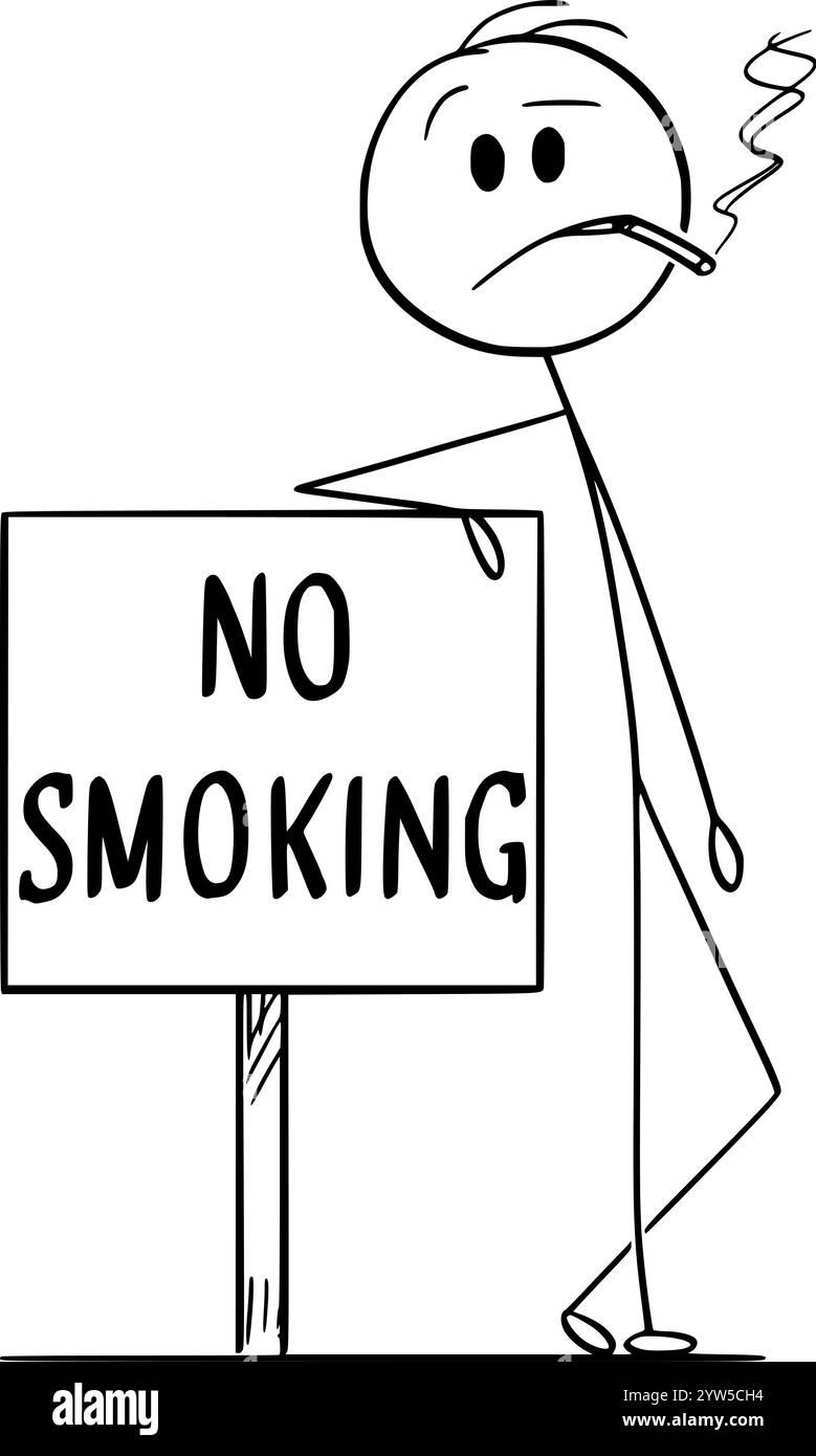 Ne pas fumer, pas de cigarettes , figure de bâton de dessin animé vectoriel ou illustration de personnage. Illustration de Vecteur