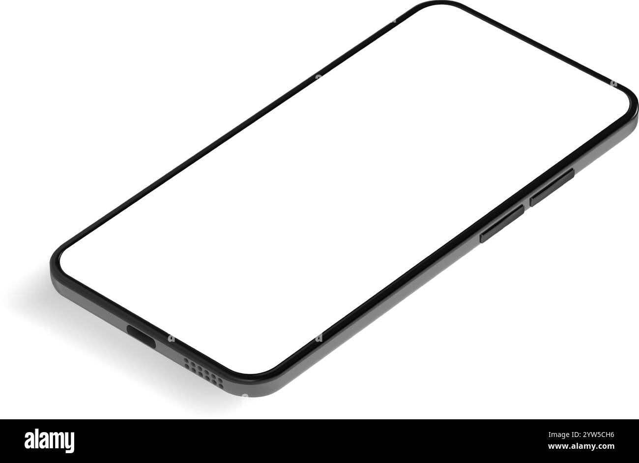 Vue en perspective d'un smartphone noir élégant doté d'un écran blanc vierge, idéal pour mettre en valeur les conceptions d'applications mobiles sur un fond blanc net Illustration de Vecteur
