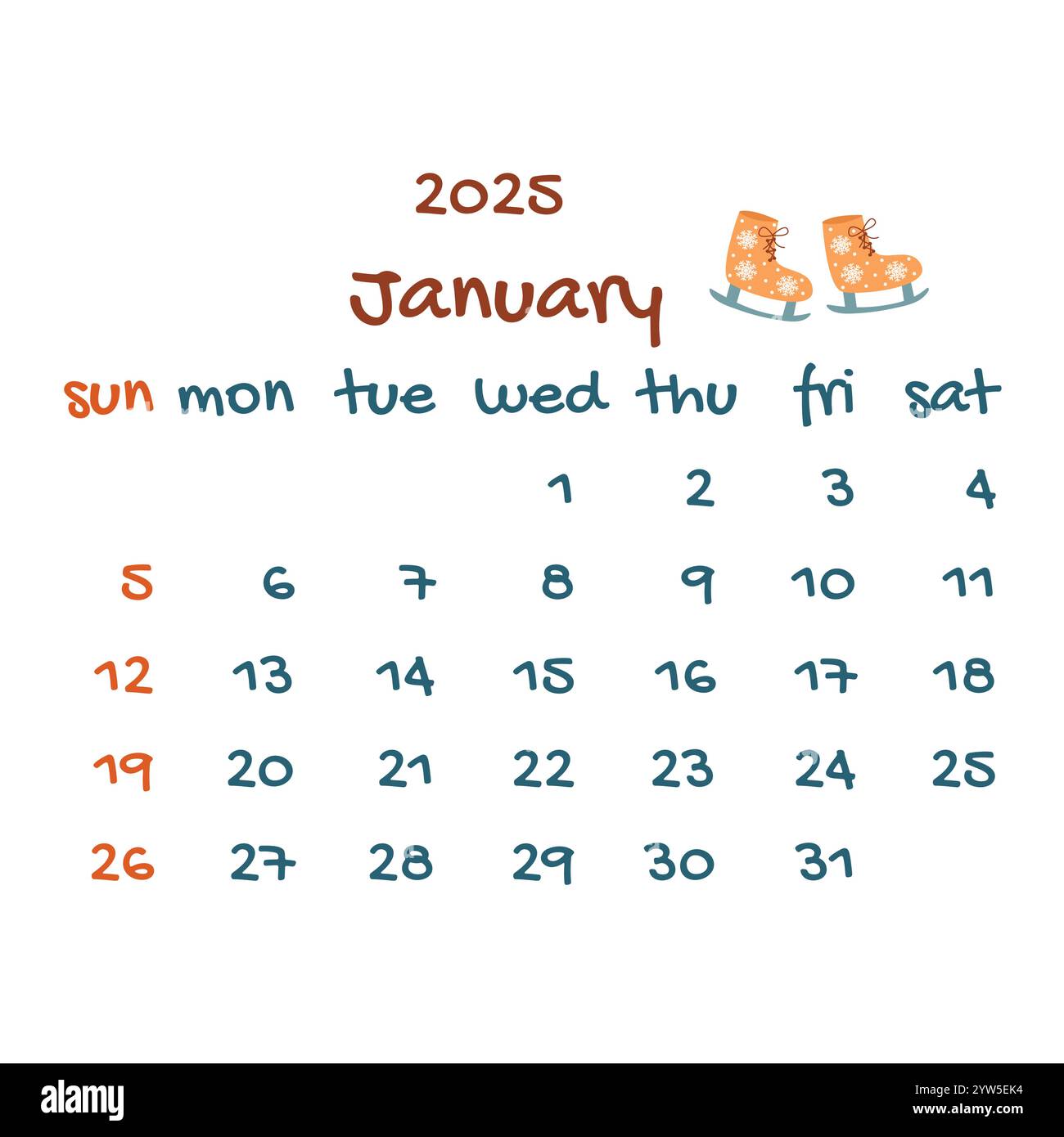 calendrier 2025 janvier avec patins. Calendrier moderne coloré, planificateur mensuel. Illustration vectorielle dessinée à la main. Design simple et moderne Illustration de Vecteur