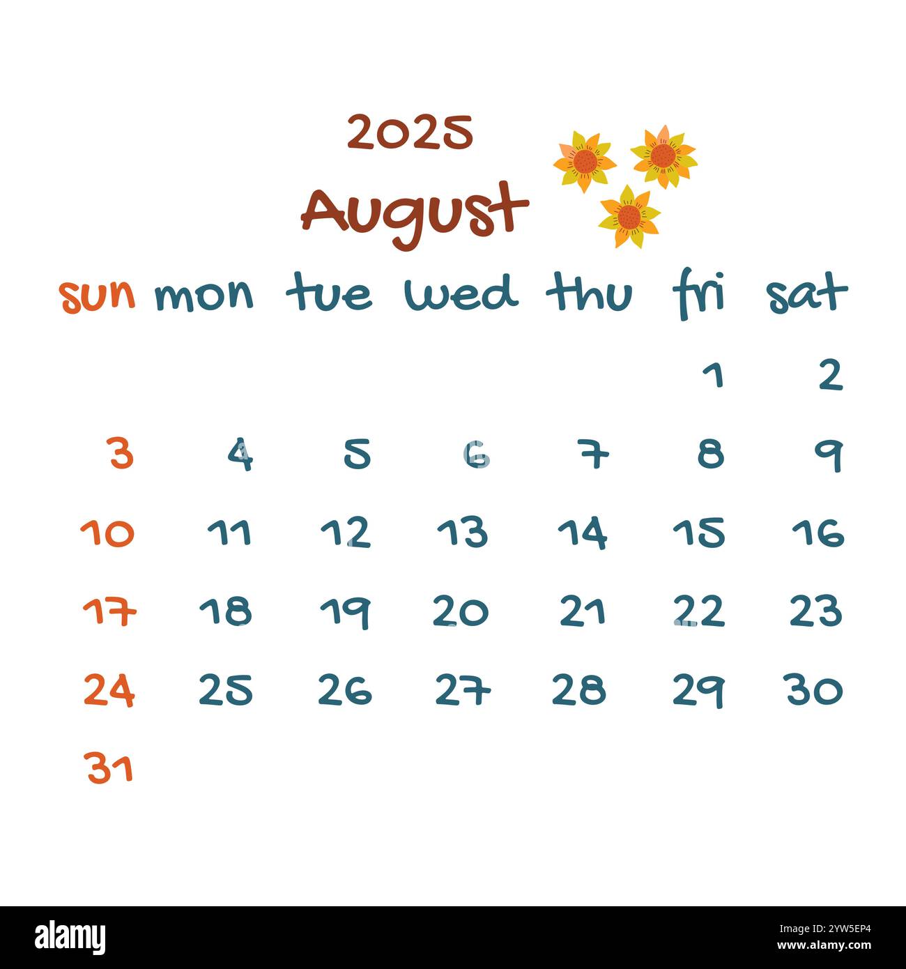 calendrier 2025 août avec trois tournesols. Calendrier moderne coloré, planificateur mensuel. Illustration vectorielle dessinée à la main. Design simple et moderne. Mois d'été Illustration de Vecteur