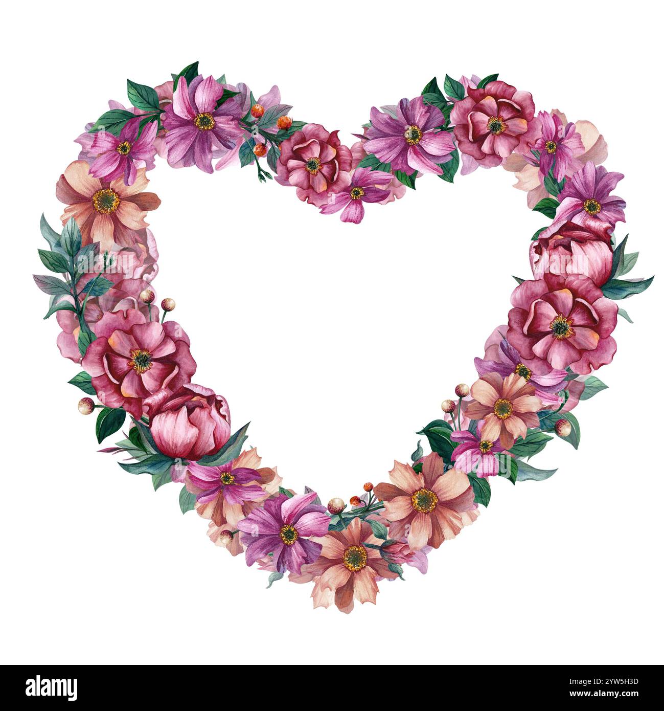 Couronne de fleurs en forme de coeur. Illustration aquarelle. Image dessinée à la main isolée sur fond. Coeur floral pour cartes postales et impression produc Banque D'Images