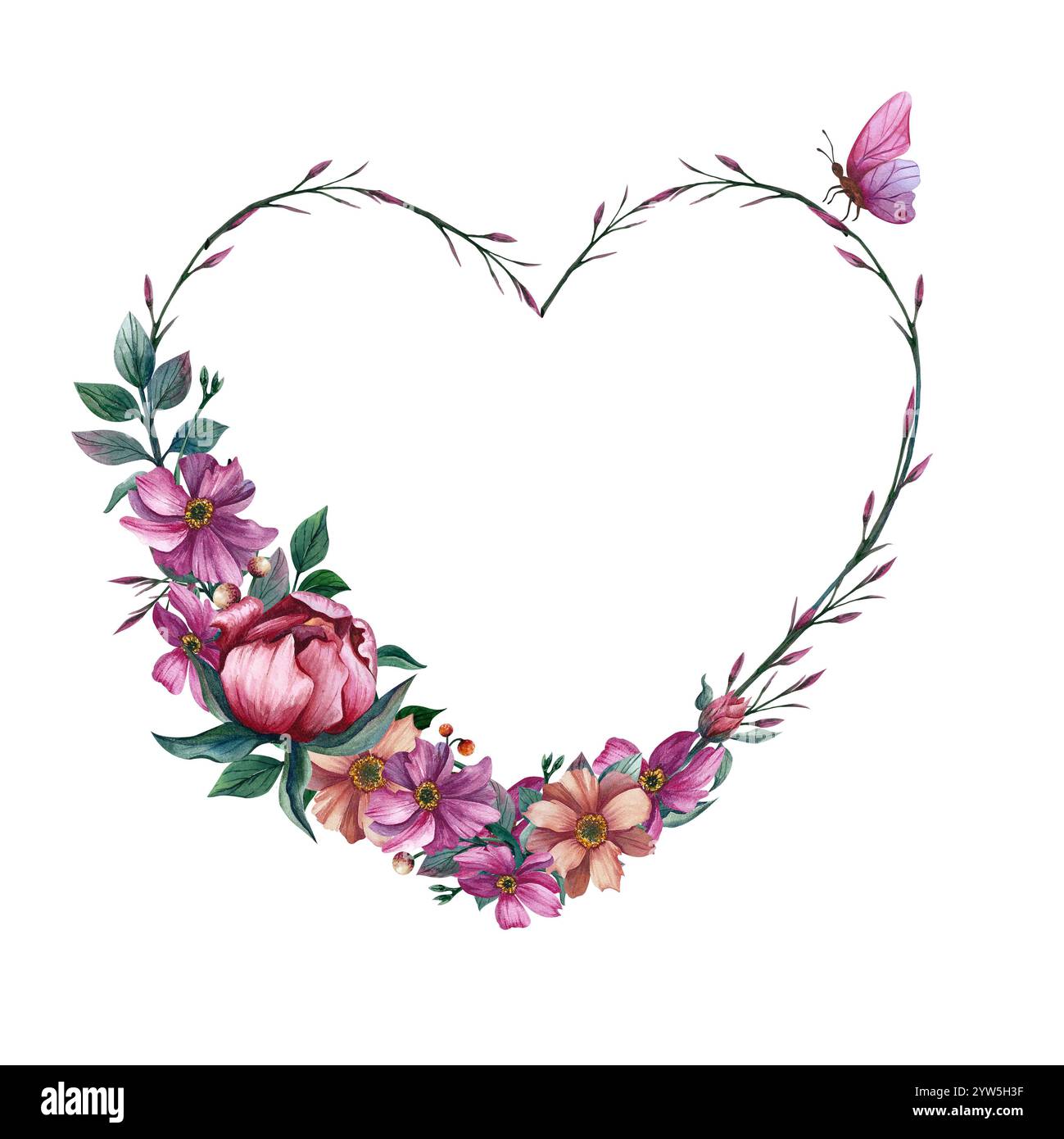 Couronne de printemps en forme de coeur avec des fleurs et papillon. Aquarelle illustration dessinée à la main isoler sur fond. Coeur fleuri pour les professionnels de l'impression Banque D'Images