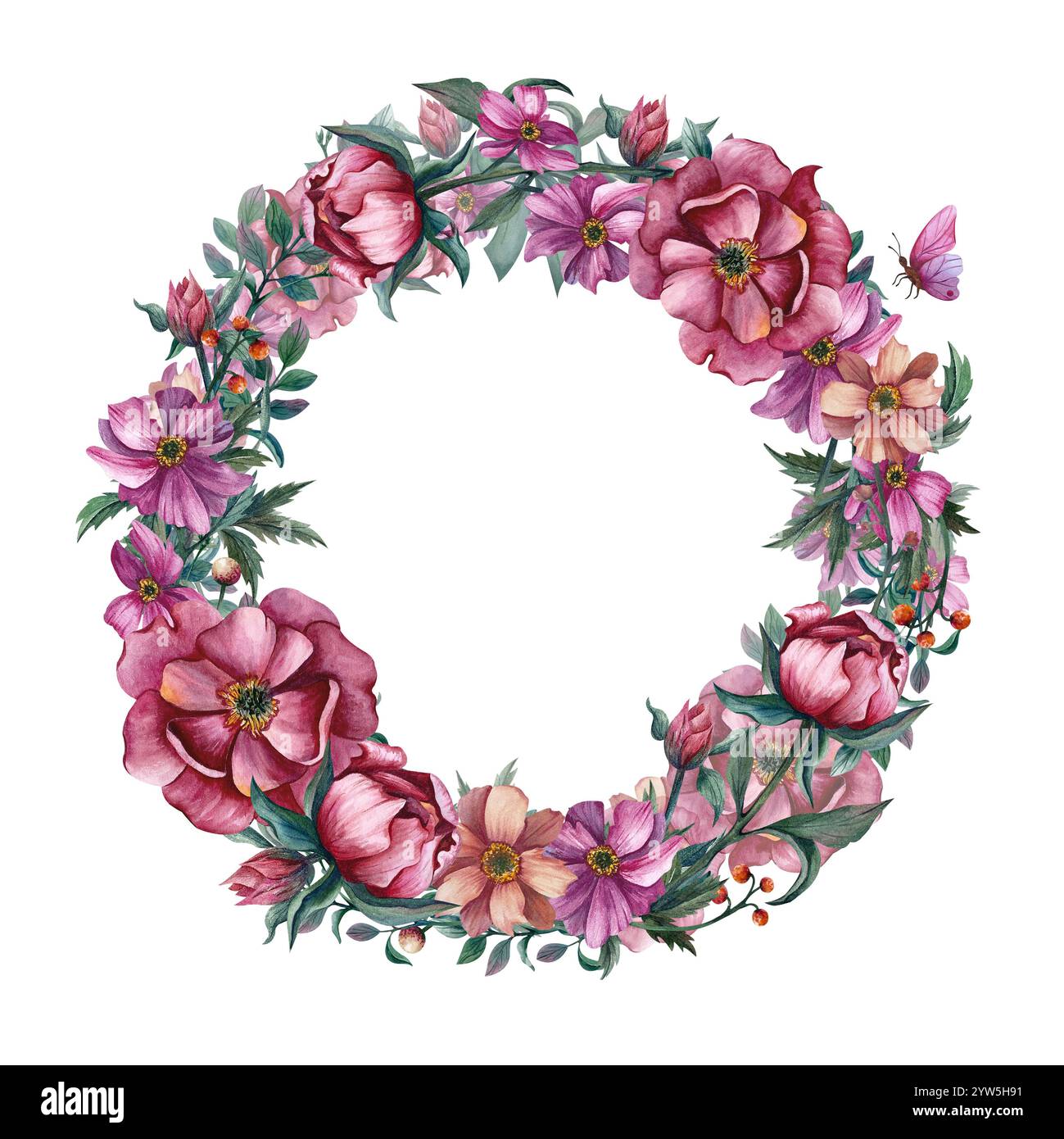 Couronne de printemps avec des fleurs et des feuilles dessinant à l'aquarelle. Cadre d'illustration dessiné à la main avec pivoines et anémones isolent sur fond. Floral fra Banque D'Images