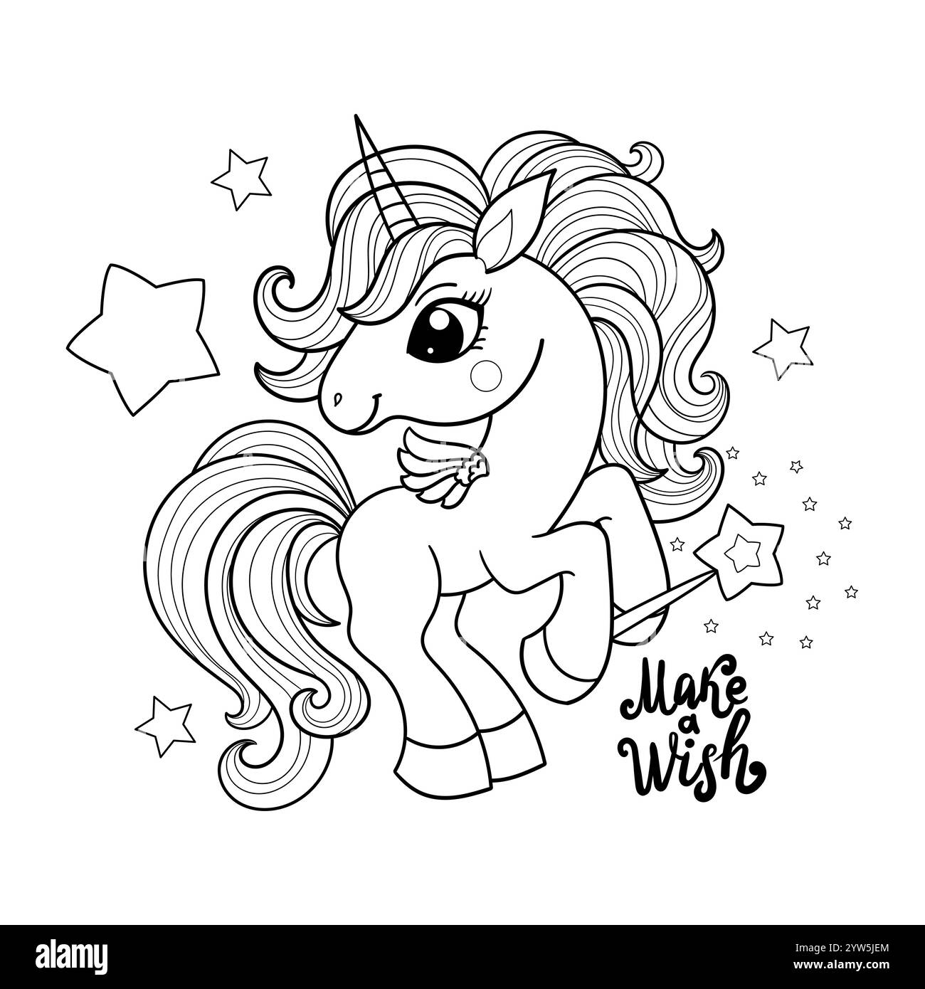 Licorne de dessin animé tenant une baguette magique. Inscription faites un vœu. Pour la conception pour enfants de livres de coloriage, impressions, affiches, cartes, autocollants, puzzles, etc Illustration de Vecteur