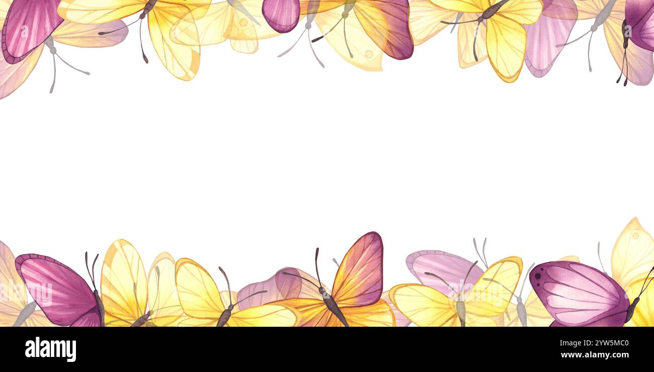 Cadre horizontal avec de jolis papillons jaune printemps et lilas. Illustration aquarelle. Banque D'Images