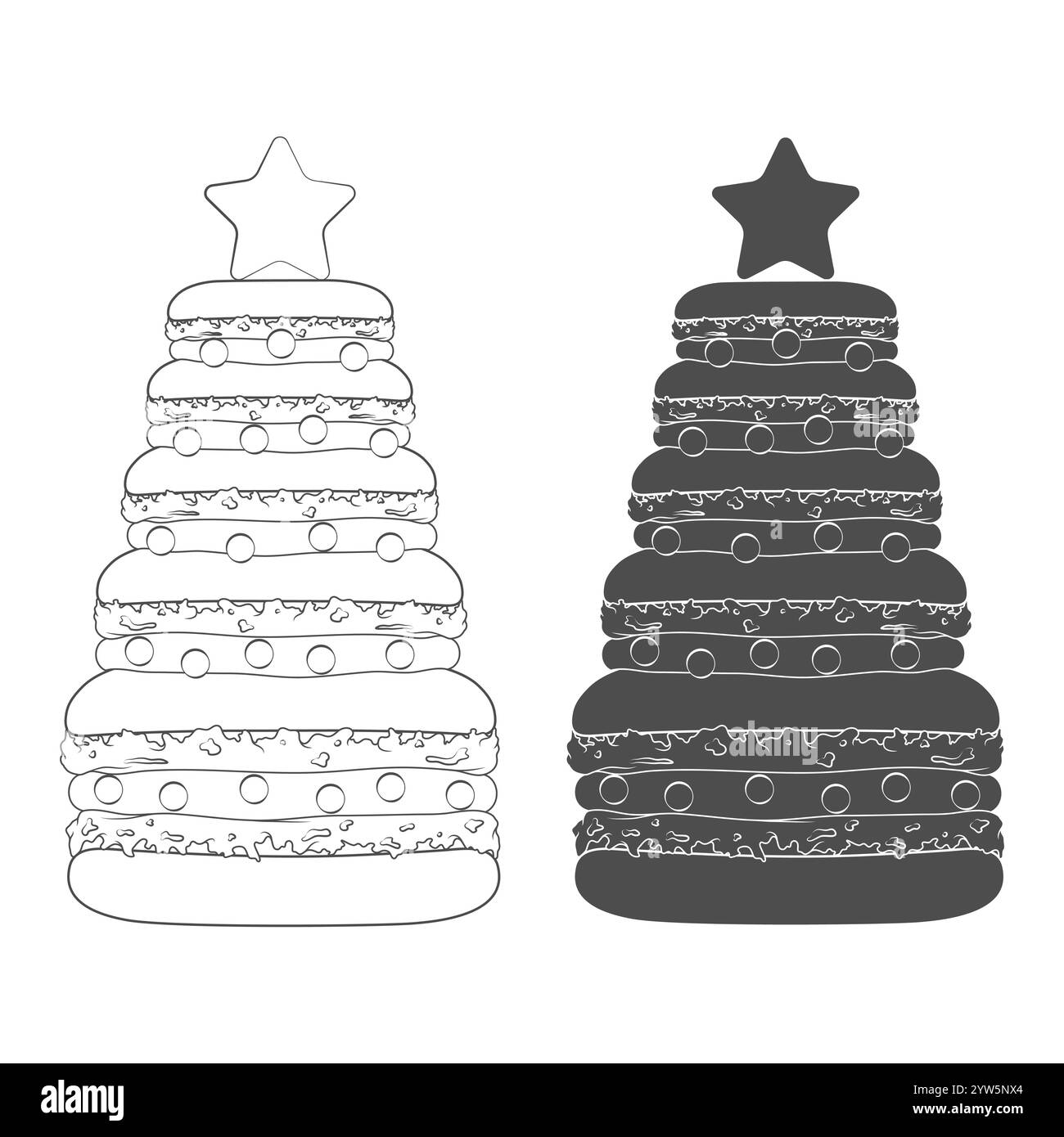 Ensemble d'illustrations en noir et blanc avec sapin de Noël fait de macarons de dessert. Objets vectoriels isolés. Illustration de Vecteur