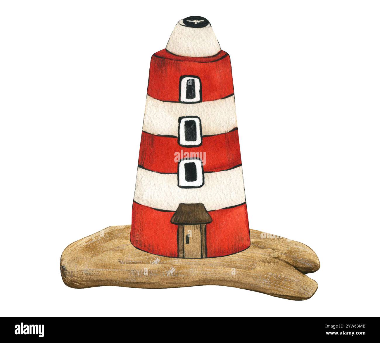 Phare rouge sur l'île. Élément Seascape isolé sur fond blanc. Illustration stylisée d'enfants à l'aquarelle dessinée à la main. Vieille mer Banque D'Images