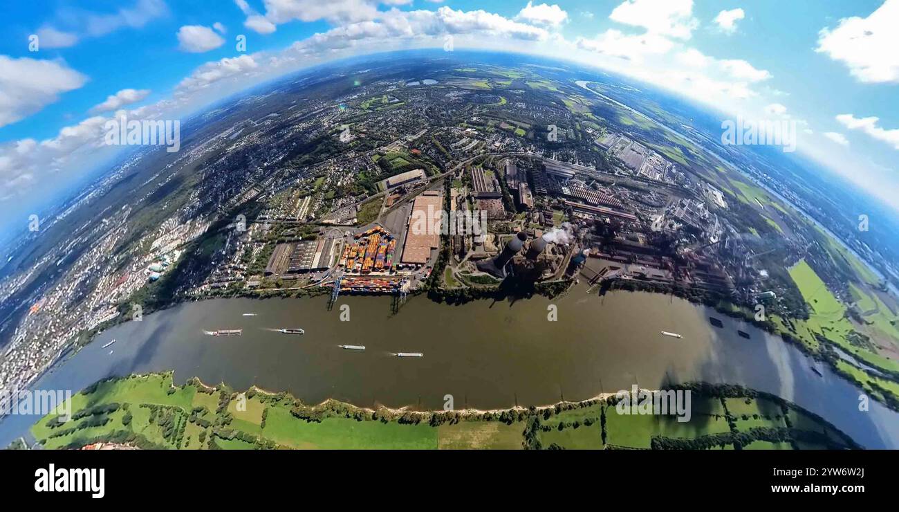 Vue aérienne, logport II (deux) sur le Rhin, aciérie HKM Hüttenwerke Krupp Mannesmann GmbH, globe, image fisheye, image à 360 degrés, minuscule monde Banque D'Images