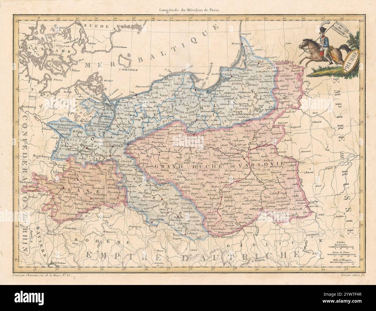 Carte vintage du duché de Varsovie et du Royaume de Prusse, 1812 Banque D'Images