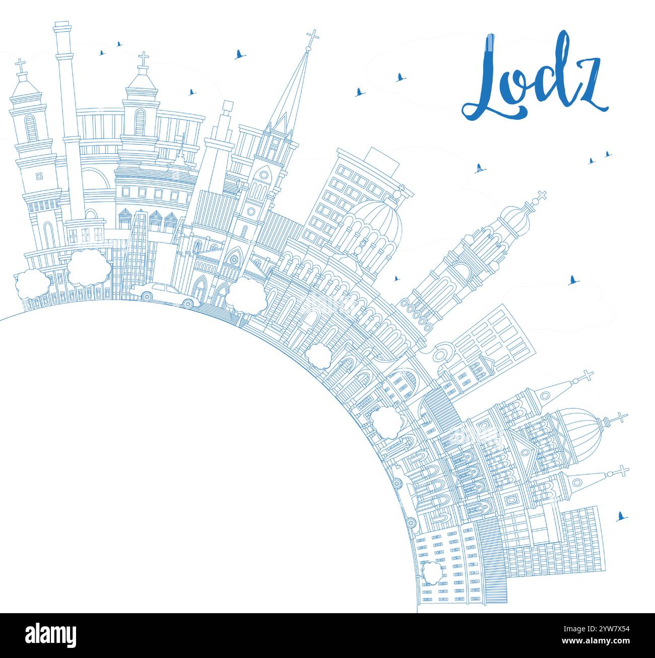 Aperçu Lodz Pologne City Skyline avec bâtiments bleus et espace de copie. Illustration vectorielle. Paysage urbain de Lodz avec des points de repère. Illustration de Vecteur