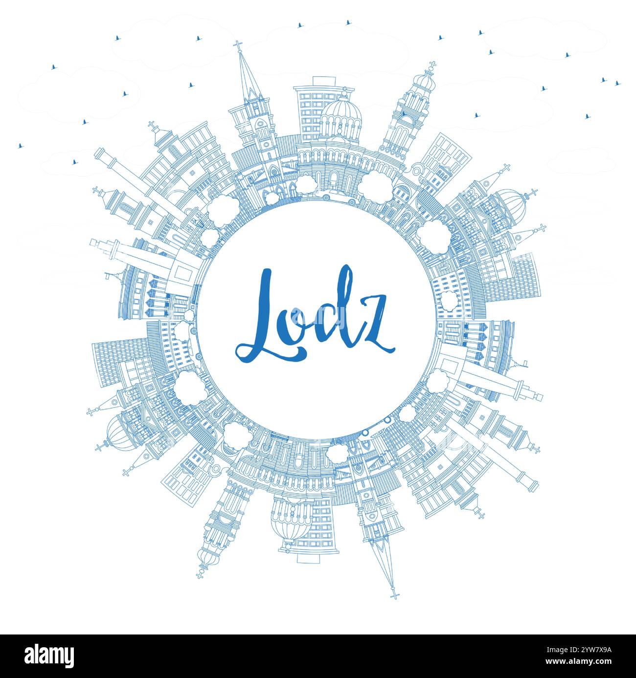 Aperçu Lodz Pologne City Skyline avec bâtiments bleus et espace de copie. Illustration vectorielle. Paysage urbain de Lodz avec des points de repère. Illustration de Vecteur