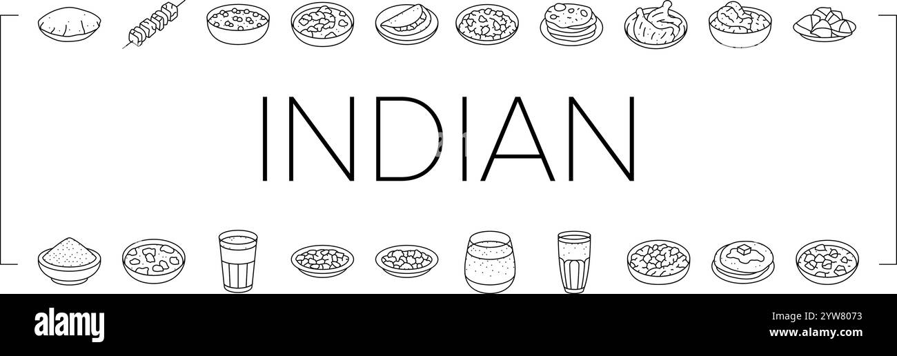 vecteur de jeu d'icônes de curry de nourriture de cuisine indienne Illustration de Vecteur