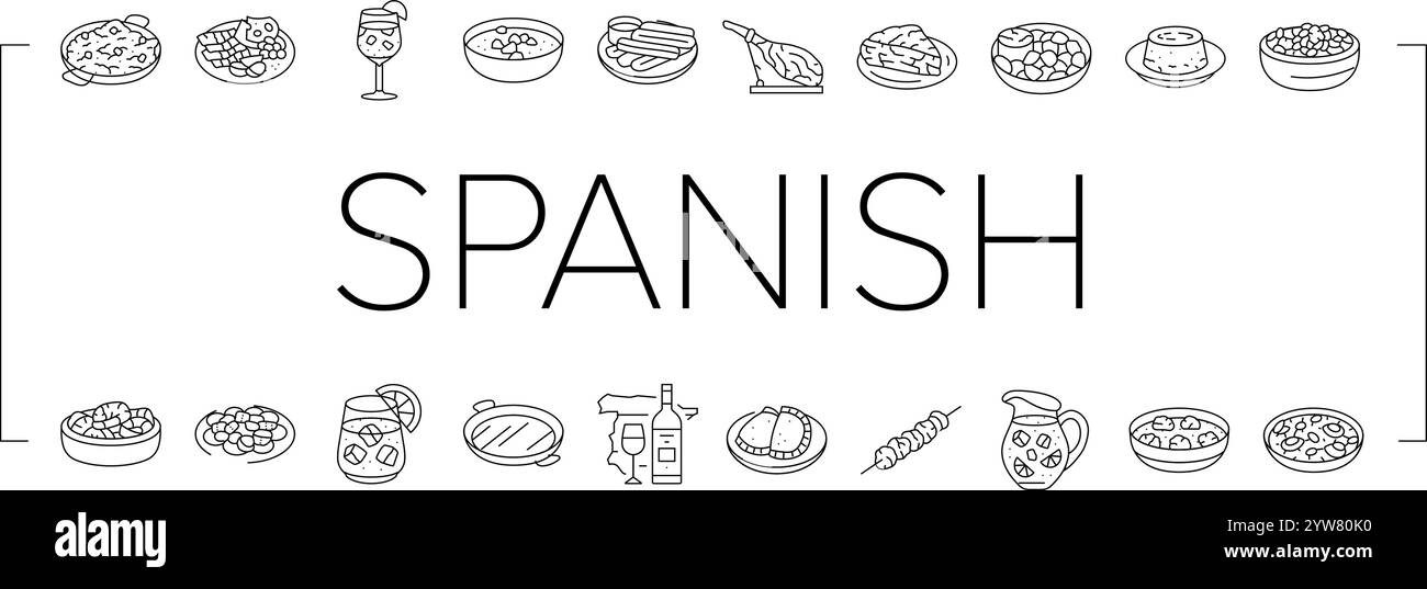 vecteur de jeu d'icônes de tapas de nourriture espagnole de cuisine paella Illustration de Vecteur