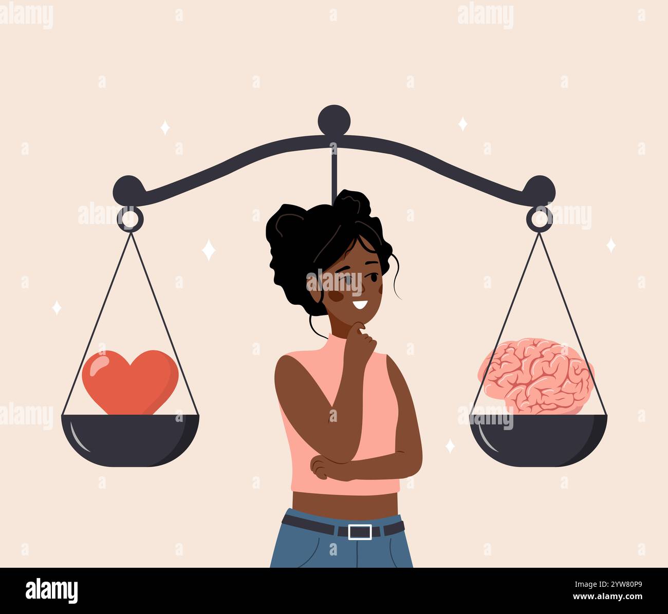 Équilibre entre cœur et cerveau. Concept de bien-être. Femme africaine regardant les écailles avec amour d'un côté et pratique à l'opposé. Vecteur Illustration de Vecteur