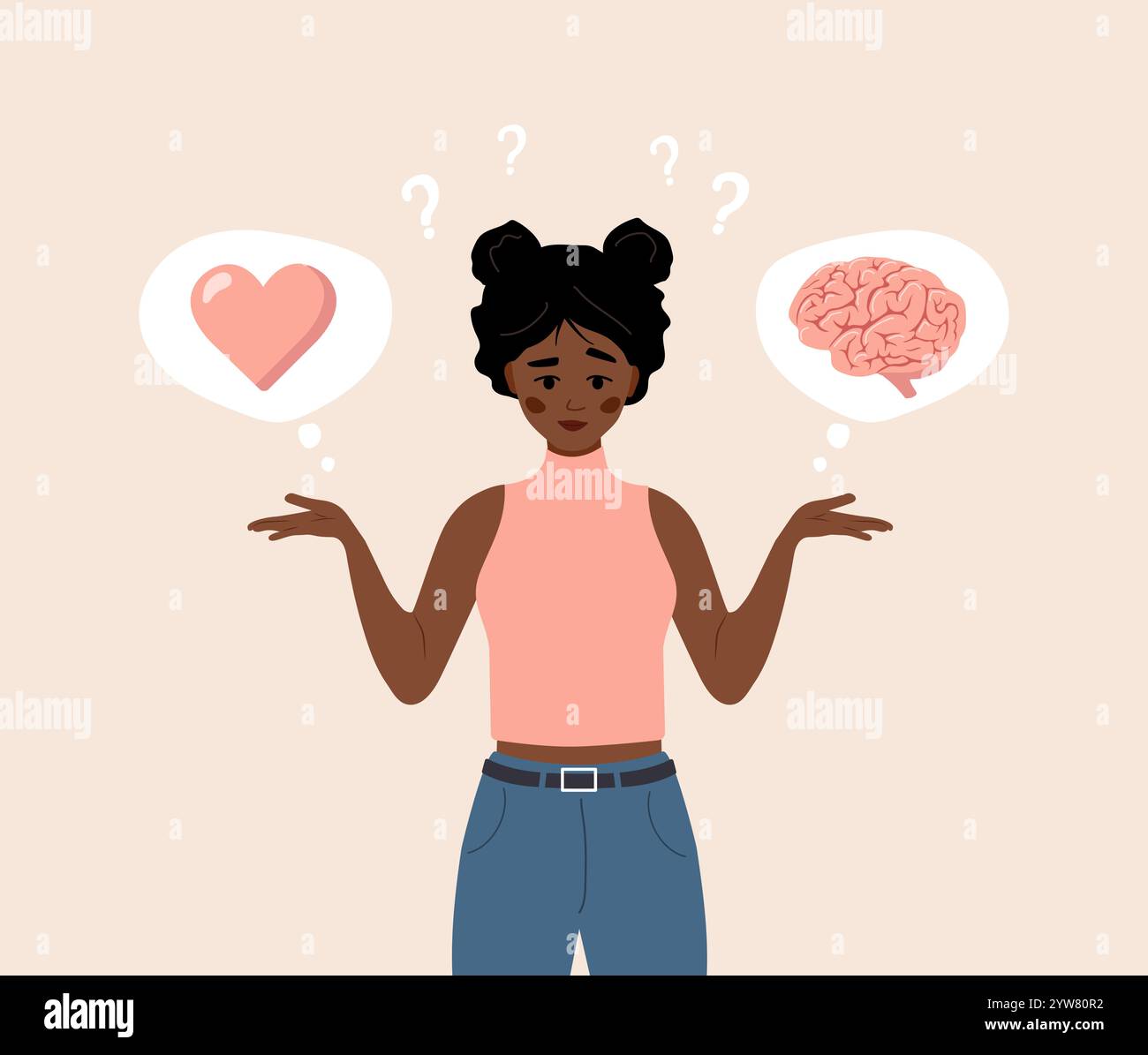 Équilibre cérébral et cardiaque. Concept de santé mentale. Personnage féminin africain de dessin animé Making Life Decision. Illustration vectorielle dans un style plat Illustration de Vecteur